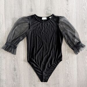 Marcella NYC Bellerose Mixed Media Mesh Sleeve Bodysuit